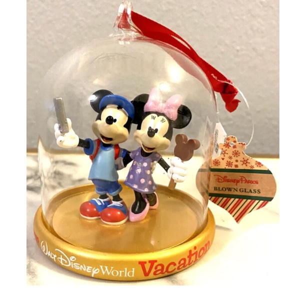 NWT Disney Parks Walt Disney World Mickey Minnie Glass Dome ORNAMENT - Picture 1 of 5